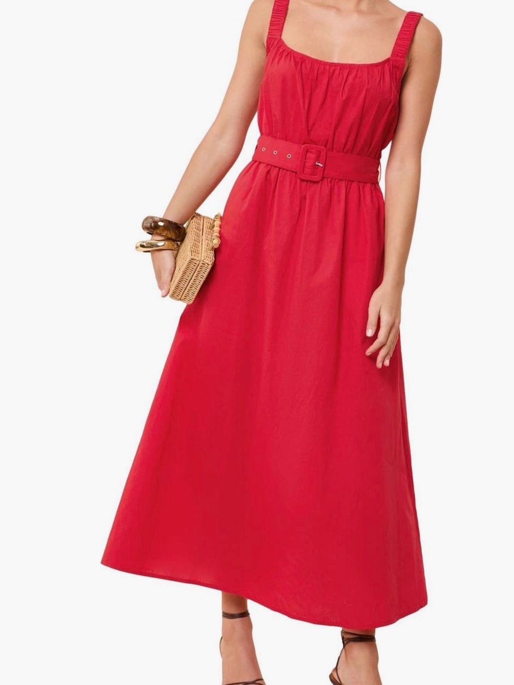 Sleeveless Red Midi Dress with Self Belt